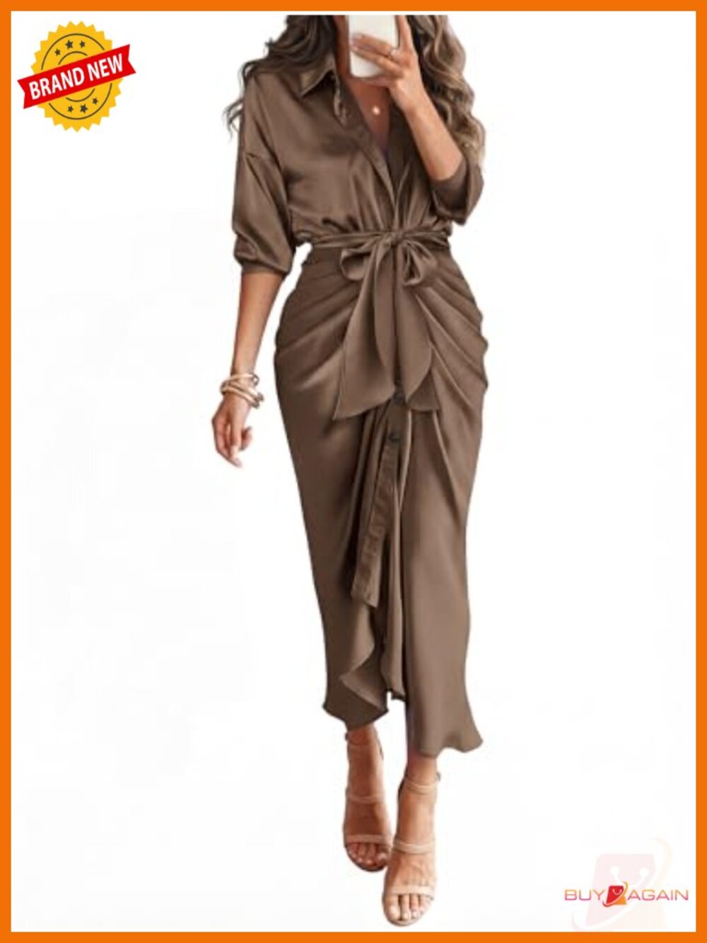 Women's Button Down Satin Maxi Dress Long Sleeve Tie Waist Ruched Party